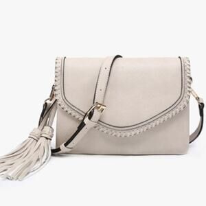 Greige Grey Beige Flapover Crossbody with Whipstitch and Tassel